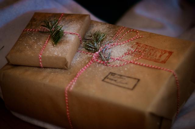 Christmas presents wrapped in brown paper