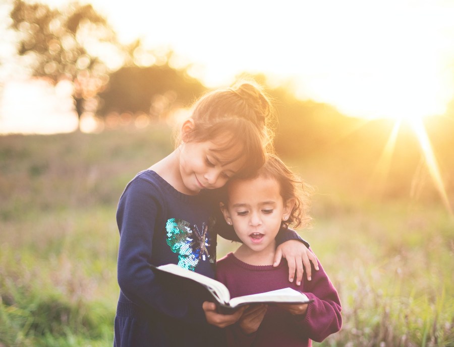 children reading a book in a field