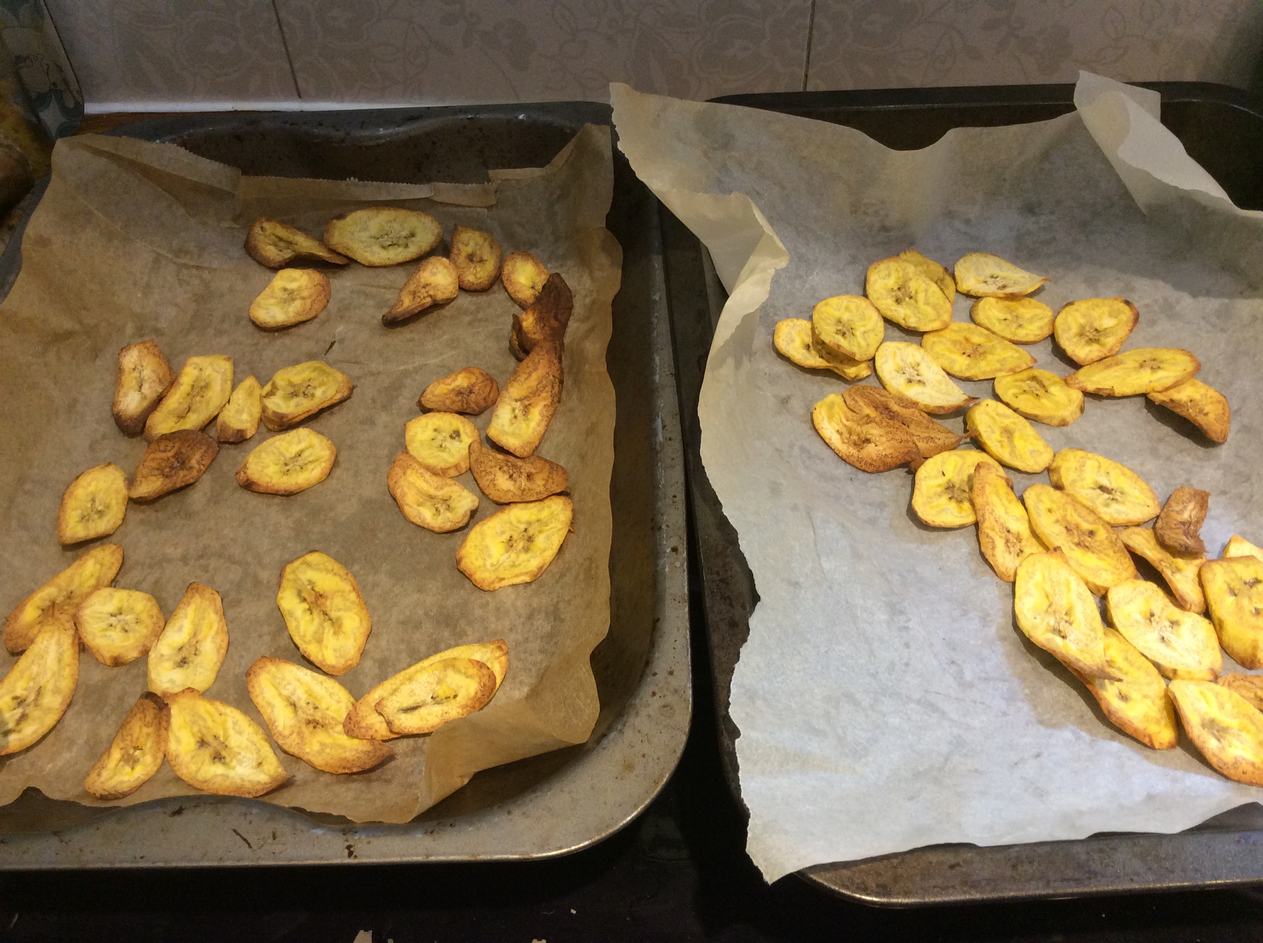 plantain crisps on baking tray