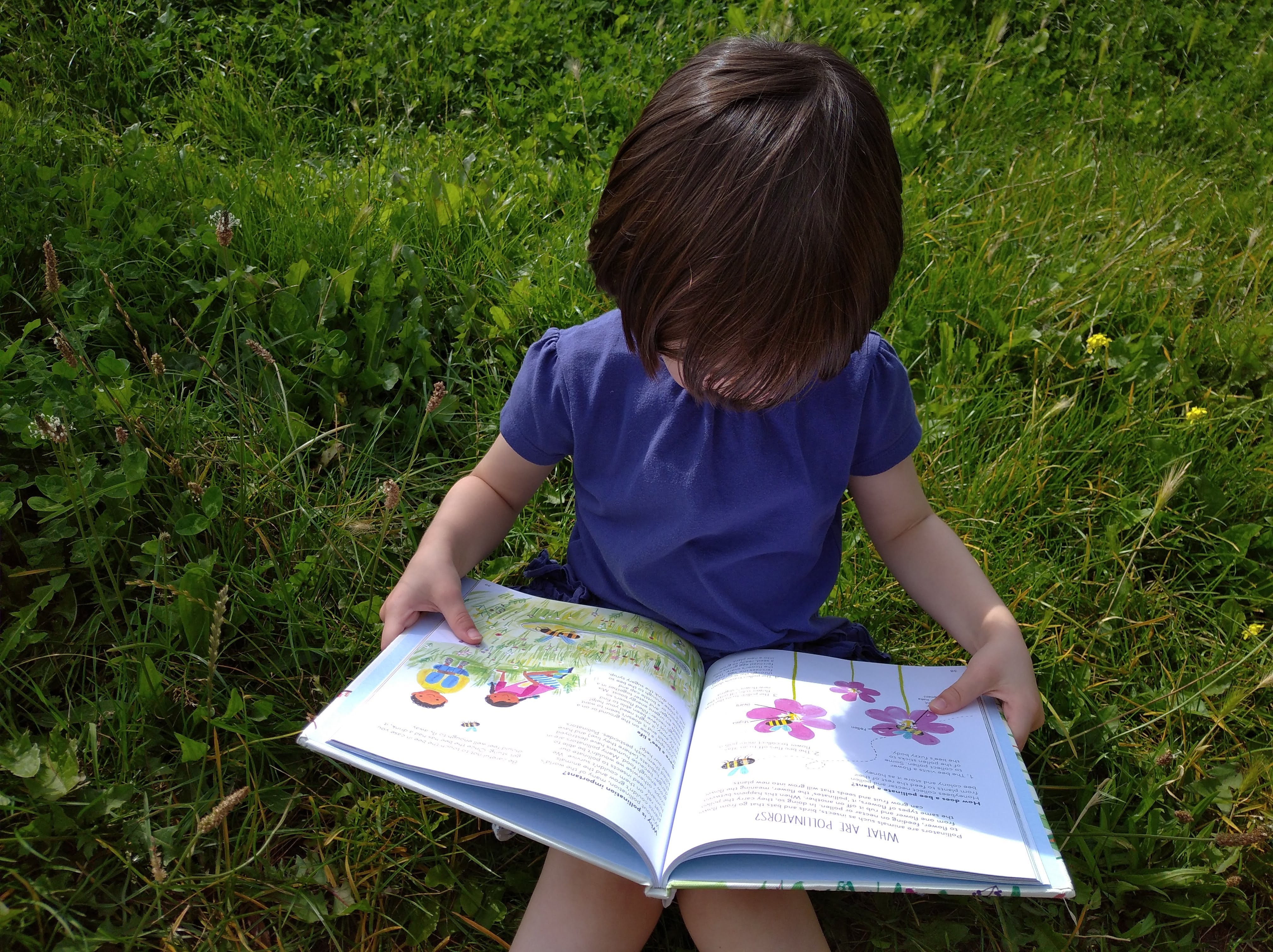 child reading nature book in park